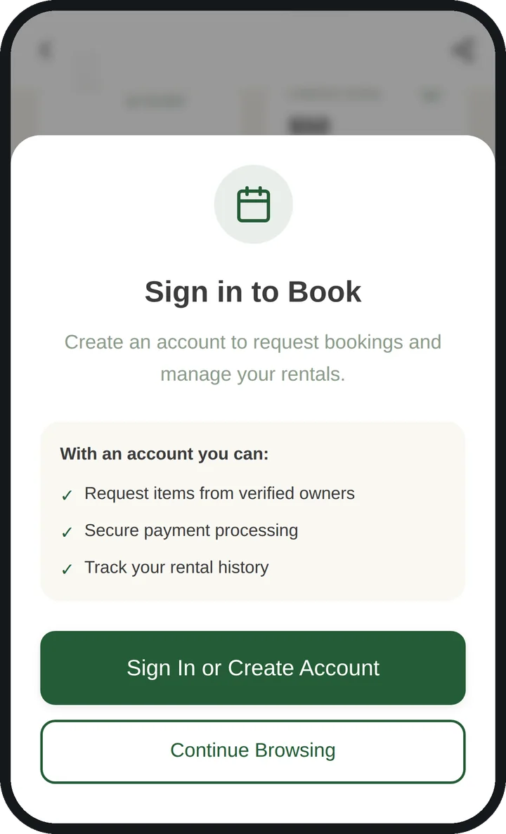 Sign in to Book sheet: browsing works as a guest, and requesting a booking asks the borrower to sign in or create an account.