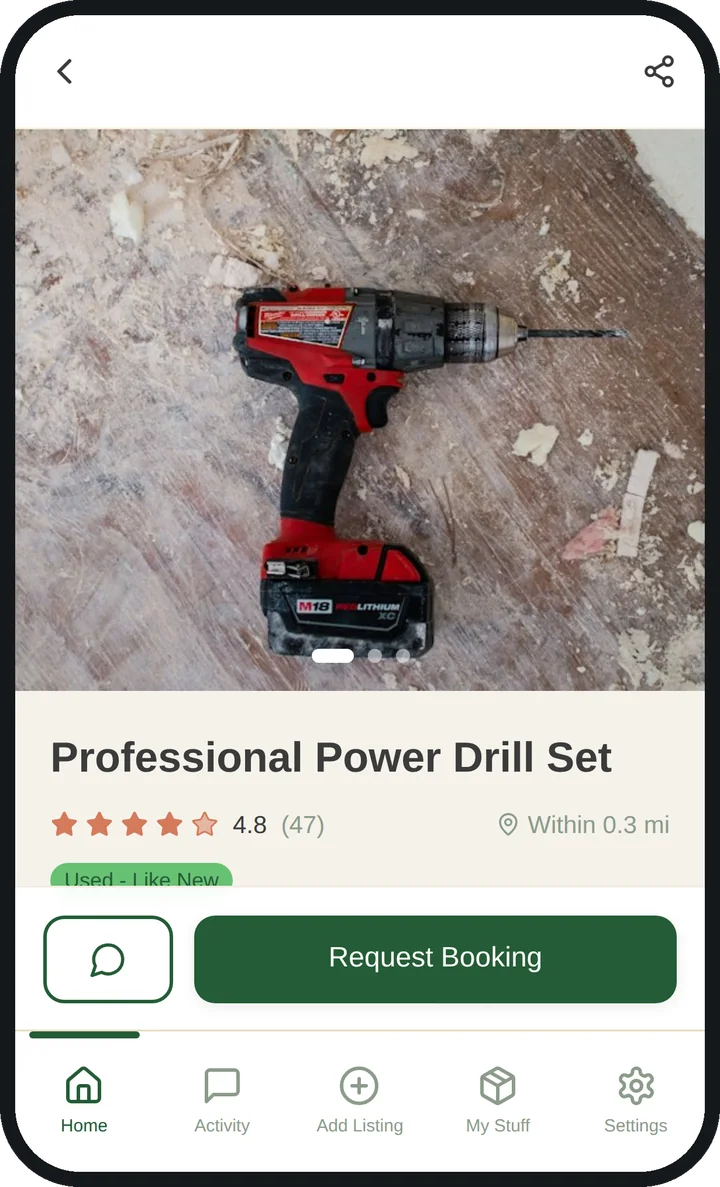 Listing for a professional power drill set: a photo carousel, 4.8 stars from 47 reviews, within 0.3 miles, used like new, with a Request Booking button.