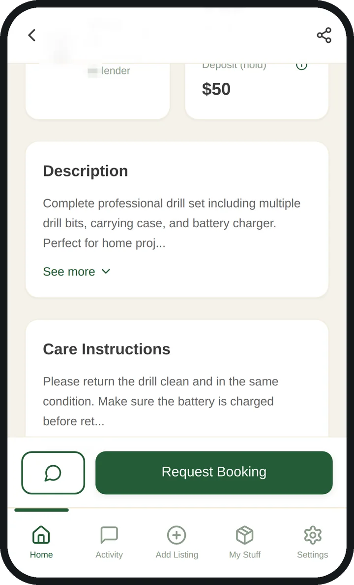 Lower on the listing: a $50 deposit hold, the item description, and the owner's care instructions for returning the drill.